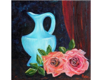 rose painting, 12"x 12" original still life, formal, pink roses, vase, floral, pink flowers, still life oil, urn, square canvas, Helen Eaton