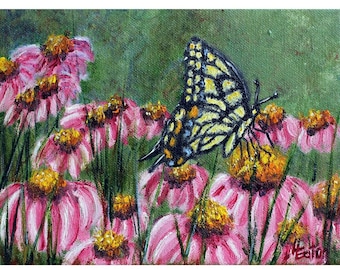 Original Oil Painting: Swallowtail Butterfly on Pink Daisies (6x8)