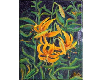 Orange Lily Original Oil Painting, tiger lily, day lily, orange lilies, 8x 10, floral, paint and draw together challenge,  Helen Eaton