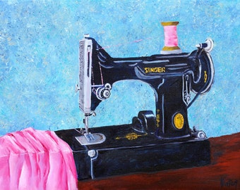 Vintage Sewing Machine, Original Oil Painting, 12"x 16", Singer, Featherweight, Antique, Quilting, Black and Gold Singer, Helen Eaton
