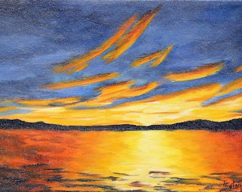 Sunset over a Lake, Sunrise over Water, 9"x 12", Original Oil Painting, Arkansas, Lake Hamilton, Lake Ouachita, Yellow Clouds, Helen Eaton