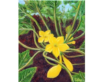 Squash Blossom Original Oil Painting, 8x10, Summer Squash, Garden Vegetable, Yellow Flower, Kitchen Decor, Dining Room Wall Art, Helen Eaton