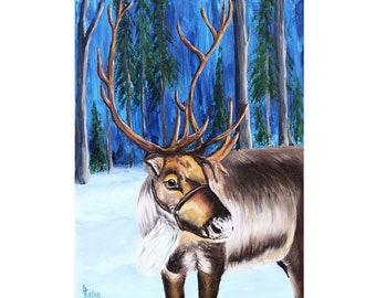 Reindeer Wall Art, Original Oil Painting, 9"x 12", Deer, Elk, Caribou, Santa's helpers, Christmas, Wildlife, Winter, Animal, Helen Eaton