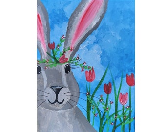 Gray Bunny, Acrylic Painting, 9"x 12", Tulips, Spring Flowers, Happy Rabbit, Whimsical, Easter Bunny, Pink & Purple Flowers, Helen Eaton