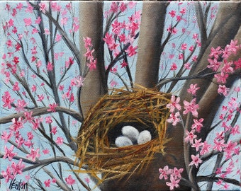 Signs of Spring, Hope, Bird Nest, Cherry Blossom, Original Oil Painting, 8x10, Eggs in a Nest, Pink Flowers, Nest in a Tree, Helen Eaton