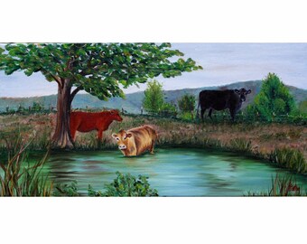 Cow painting, Life on the Farm, Summer Days, 10x20, Cow Pond, Bovine Wall, Art, Cattle, Water, Original Oil Painting, Bucolic, Helen Eaton