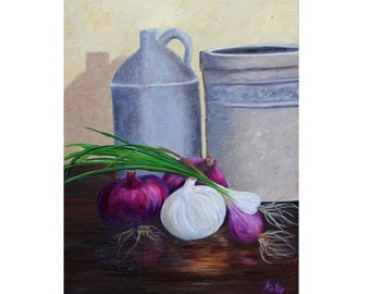 Still Life, Onions, Vintage Crock, Antique Crockery, Antique Jug, 11x14, Purple Onion, Clay Jug, Kitchen, Original Oil Painting, Helen Eaton