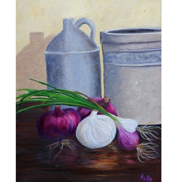Still Life, Onions, Vintage Crock, Antique Crockery, Antique Jug, 11x14, Purple Onion, Clay Jug, Kitchen, Original Oil Painting, Helen Eaton