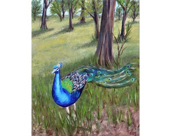 Original Blue Peacock Oil Painting: Exotic Bird Wall Decor (11x14)