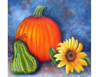Autumn Still Life Original Oil Painting, Pumpkin, Sunflower, Gourd, Fall Decor, Orange, Green, Yellow, Square Canvas, 12"x 12", Helen Eaton