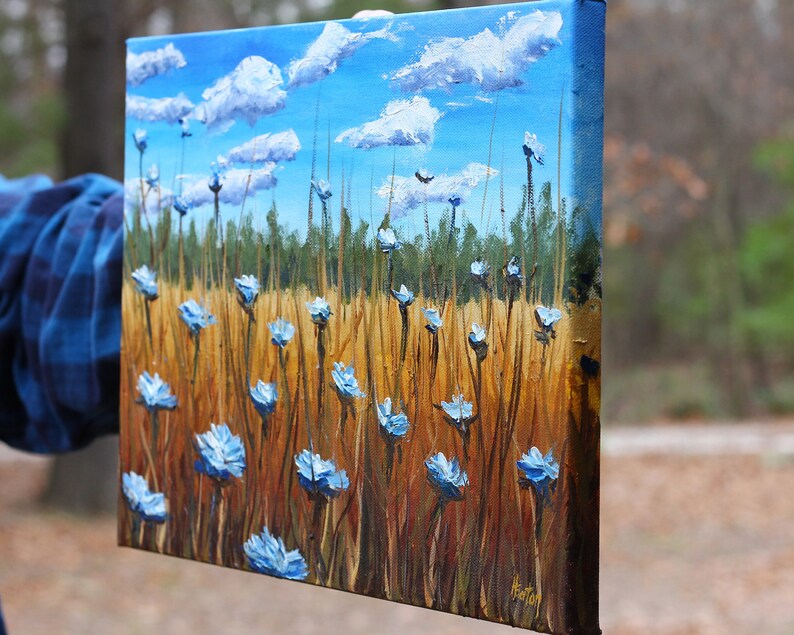 Field of Blue Flowers, Oil Painting, 11x 14, Summer Landscape, Cornflowers, Chicory, Wildflowers, Grasses, Clouds, Blue Sky, Helen Eaton image 3