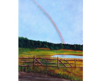 Rainbow, Promise, Blue Sky, Landscape, 9x12, Bucolic, Farm Scene, Country Living, Old Fence, Arkansas, Original Oil Painting, Helen Eaton