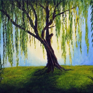 Weeping Willow Tree, 12x16 Landscape Painting, Calm Scene, Sunrise