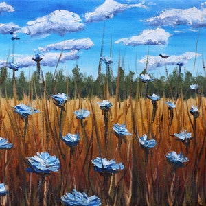 Field of Blue Flowers, Oil Painting, 11x 14, Summer Landscape, Cornflowers, Chicory, Wildflowers, Grasses, Clouds, Blue Sky, Helen Eaton image 1