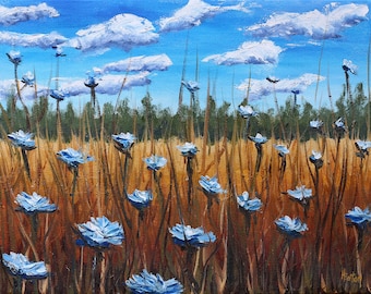 Field of Blue Flowers, Oil Painting, 11"x 14", Summer Landscape, Cornflowers, Chicory, Wildflowers, Grasses, Clouds, Blue Sky, Helen Eaton