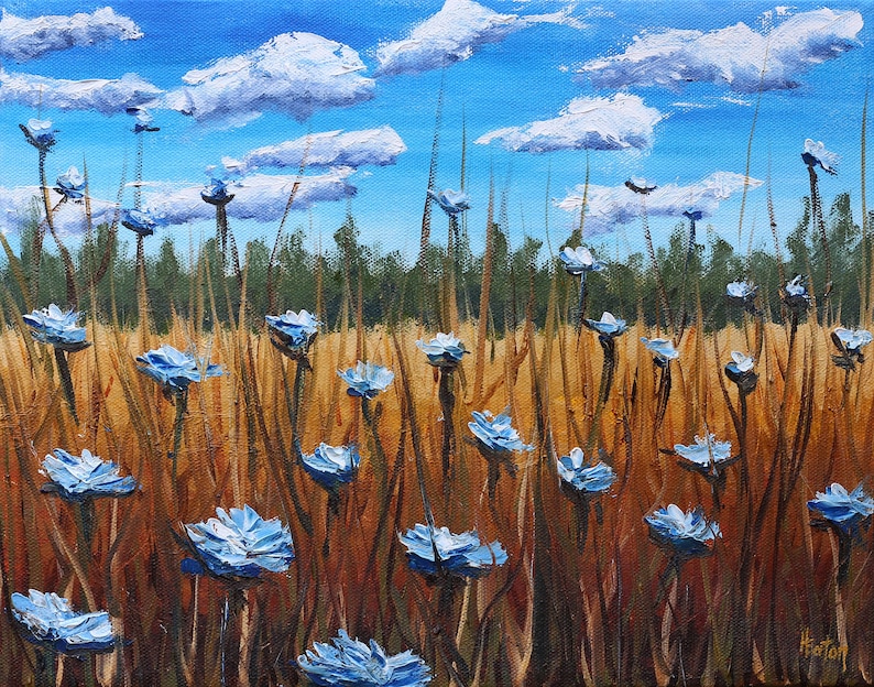 Field of Blue Flowers, Oil Painting, 11x 14, Summer Landscape, Cornflowers, Chicory, Wildflowers, Grasses, Clouds, Blue Sky, Helen Eaton image 1