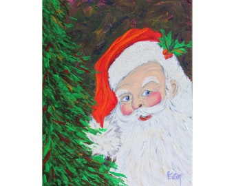 Santa Claus Original Acrylic Painting, Christmas Art, Santa at the Christmas Tree, Merry Christmas, 8x10 Canvas Panel, Ho Ho Ho, Helen Eaton