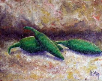 Pittura Jalapeno, Peperoncini piccanti, Pittura di natura morta di peperoni Jalapeno, Pittura a olio originale, 6"x 8", Arte della cucina, Peperoncino, Helen Eaton