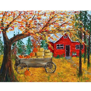 Autumn Country Landscape, Red Cottage, Forest, Hay Wagon, Square Bales, Red House, Woods, Fall Foliage, Yellow Leaves, Pumpkins, Helen Eaton