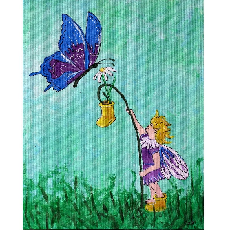 May include: An acrylic painting depicts a blue and purple butterfly hovering near a daisy in a yellow boot. A fairy with blonde hair, purple dress, and wings reaches for the flower. The background is a blend of green and blue.