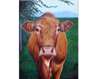 Cow painting, farm animal, 18"x 24" original oil painting, grass is always greener, cattle, cow portrait, barnyard friends, Helen Eaton