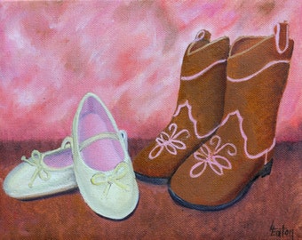 Little Girl Shoes, Cowgirl boots, Ballet Slippers, 8x10, Original Oil Painting of Shoes, Baby Girl Décor, Pink Toddler Wall Art, Helen Eaton