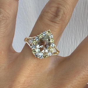 Pear Shape Prasiolite Mint Green Amethyst Peridot Diamond 14K Yellow Gold Cocktail Ring