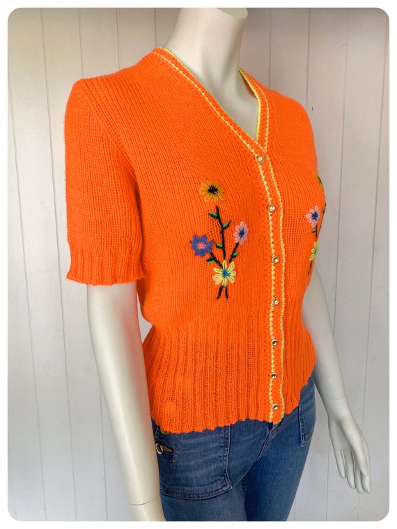 Vintage 1970’s Vibrant Orange Cardigan Hand Made … - image 5