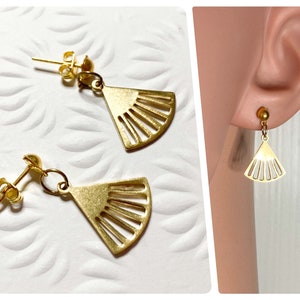 Brass Fan Earrings Antique Gold Dainty Small Boho Earrings Geometric Minimal Simple Art Deco Handmade Vintage Retro Stud Drop Gift Box UK