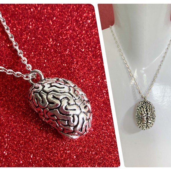 Brain Necklace Silver Anatomical 3D Big Zombie Gothic Goth Medical Student Gift Psychology Biology Retro Quirky Kitsch