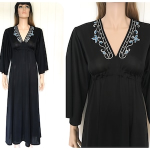 Vintage 70s Dress | Vintage 1970s Black Dress | Vintage 70s Black Maxi Dress | 70s Embroidered Dress | Bohemian Beaded Dress | UK 8-12