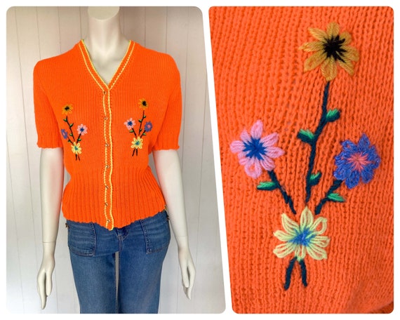 Vintage 1970’s Vibrant Orange Cardigan Hand Made … - image 1