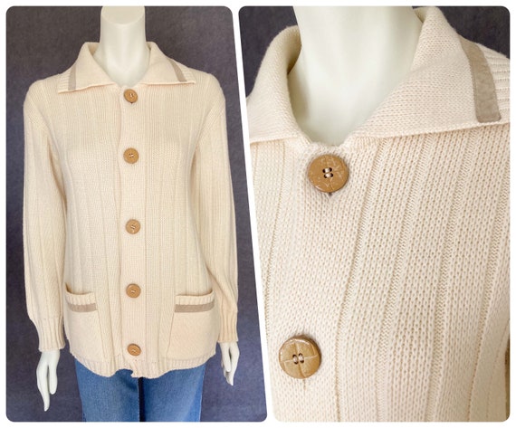 Vintage 1970s Cream Cardigan Rib Knit Tan Suede Trim Pocket Collar Wool Blend Big Wooden Buttons UK 8 10 12 70s Boho Hippie Etsy