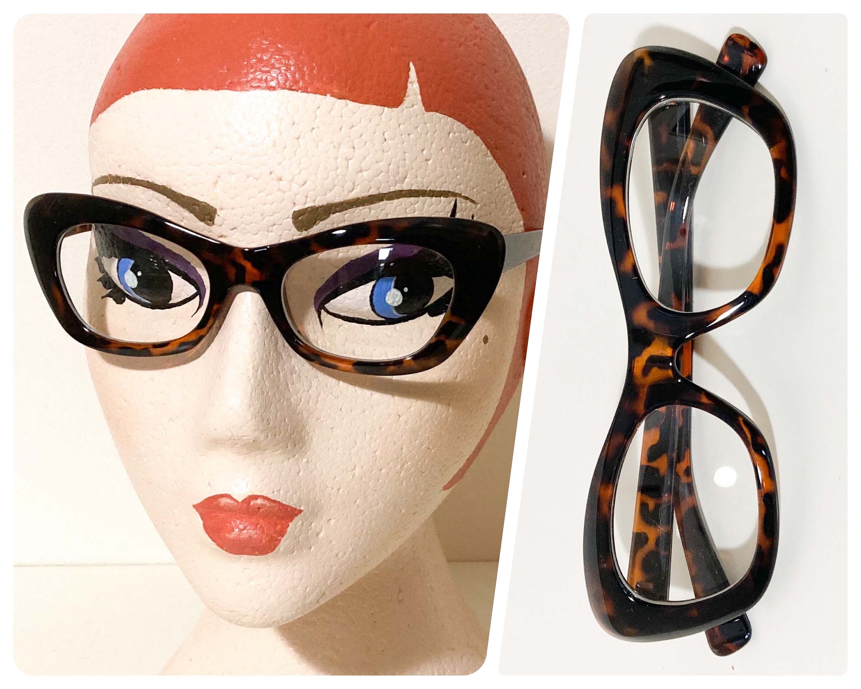 Vintage Y2K Tortoiseshell Cat Eye Glasses Clear Lens Chunky Thick