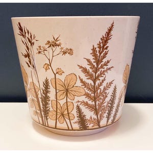 May include: A light pink ceramic plant pot with a botanical design. The pot features illustrations of various plants and foliage in shades of brown. The design wraps around the entire pot, creating a cohesive and natural aesthetic. The pot has a slightly flared shape.