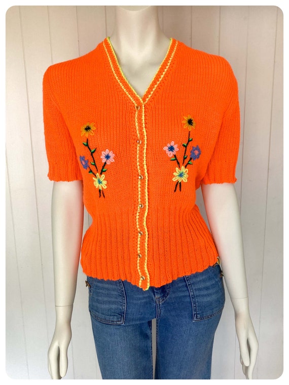 Vintage 1970’s Vibrant Orange Cardigan Hand Made … - image 2