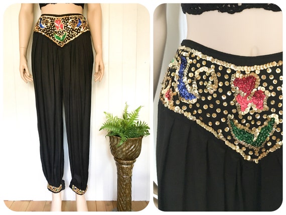 Vintage 1980's High Waisted Indian Cotton Sequins… - image 1