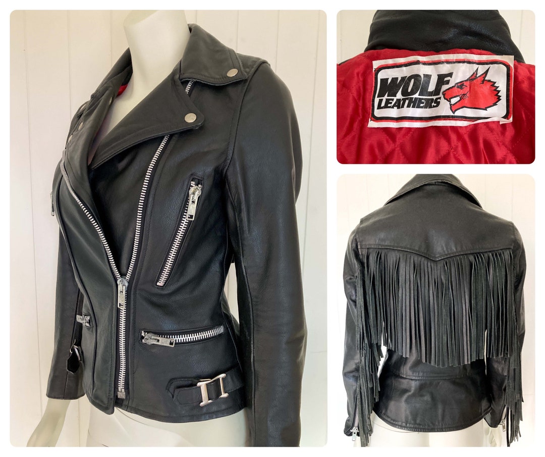 Vintage Black Leather Biker Jacket Tassels Red Lining Classic Fitted