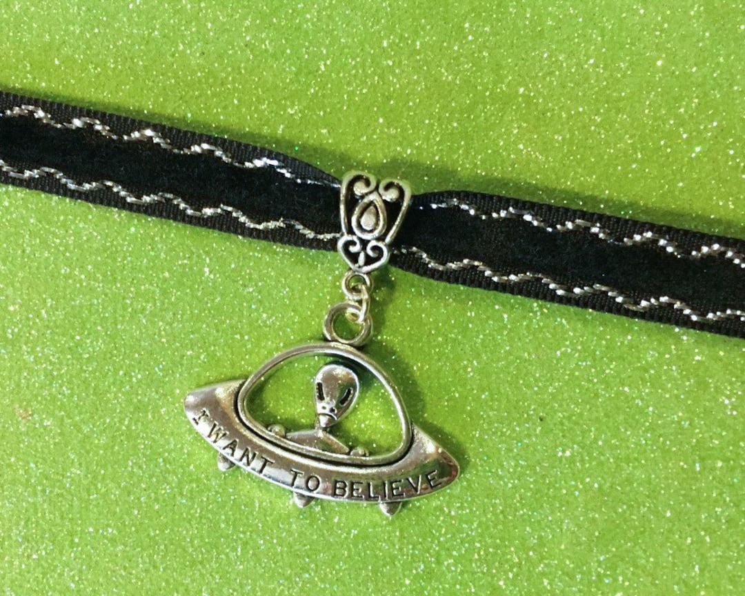 Alien Choker Necklace Black Velvet Antique Silver Outer Space Handmade