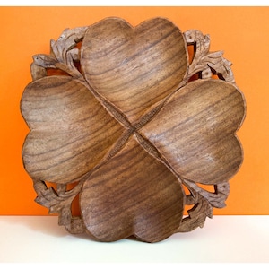 Vintage 1970&#39;s hand carved Indian wood wooden bowl display plate heart four leaf clover mid century rustic hippie bohemian gift