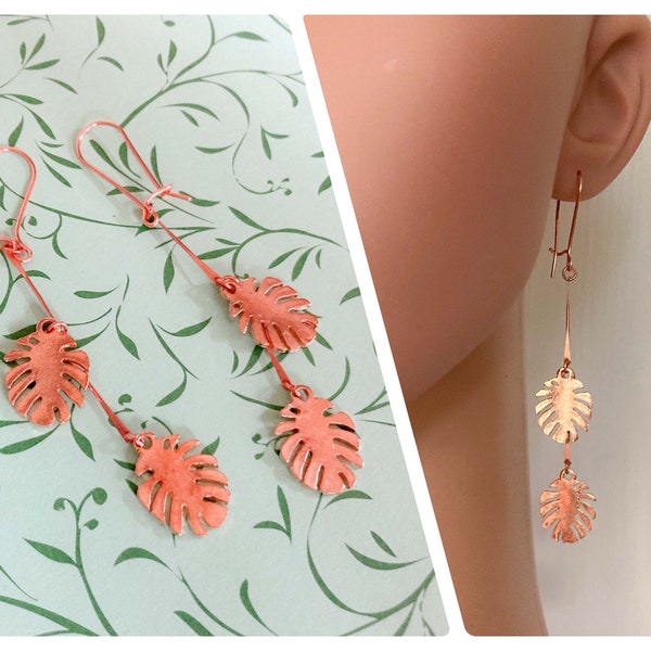 Mini Monstera Leaf Copper Rose Gold Earrings Handmade Minimal Deco Boho French Ear Wires Double Drop Dangle Gift Box