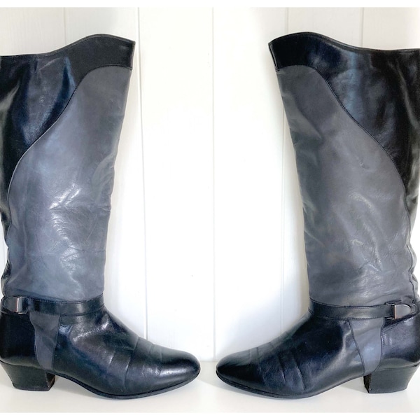 Vintage 80s Black Grey Leather Boots Knee High Length Two Tone Strap Buckle Pirate Hippie Boho Designer Pertti Palmroth Finland UK Size 4