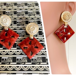 Vintage 80’s Huge Square Disc Stud Earrings Big Gold Terracotta Resin Statement Rustic Boho Hippie Tribal Geometric Ethnic Gift Box