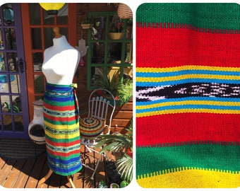 Vintage Rainbow Maxi Skirt | Vintage Aztec Sarong | Woven Cotton Wrap Skirt | Aztec Hippie Skirt | Maxi Wrap Skirt | Boho Sarong | UK10
