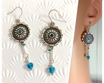 Turquoise Boho Earrings Teal Glass Crystal Heart Flora Mandala Silver Handmade Stainless Steel Drops Dangle Gift Box UK