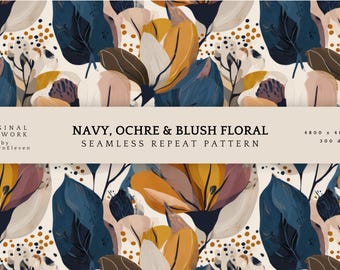 Botanical Seamless Pattern | Navy, Ochre, Blush Floral (JPG, 300 DPI)