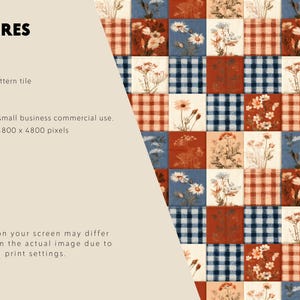 May include: A seamless digital pattern tile featuring a grid of alternating squares. The design includes squares with blue and white gingham, red and white gingham, and solid red or blue backgrounds decorated with white and brown floral illustrations.