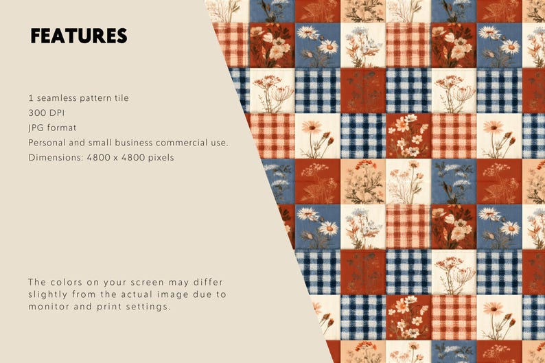 May include: A seamless digital pattern tile featuring a grid of alternating squares. The design includes squares with blue and white gingham, red and white gingham, and solid red or blue backgrounds decorated with white and brown floral illustrations.