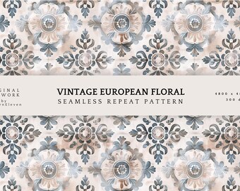 French Retro Tile Pattern, Vintage Floral Wallpaper (Digital Download)