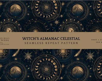 Gotiskt himmelskt sömlöst mönster | Månfaser stjärnor guld marinblått | Dark Academia Halloween digitalt papper, kommersiellt bruk